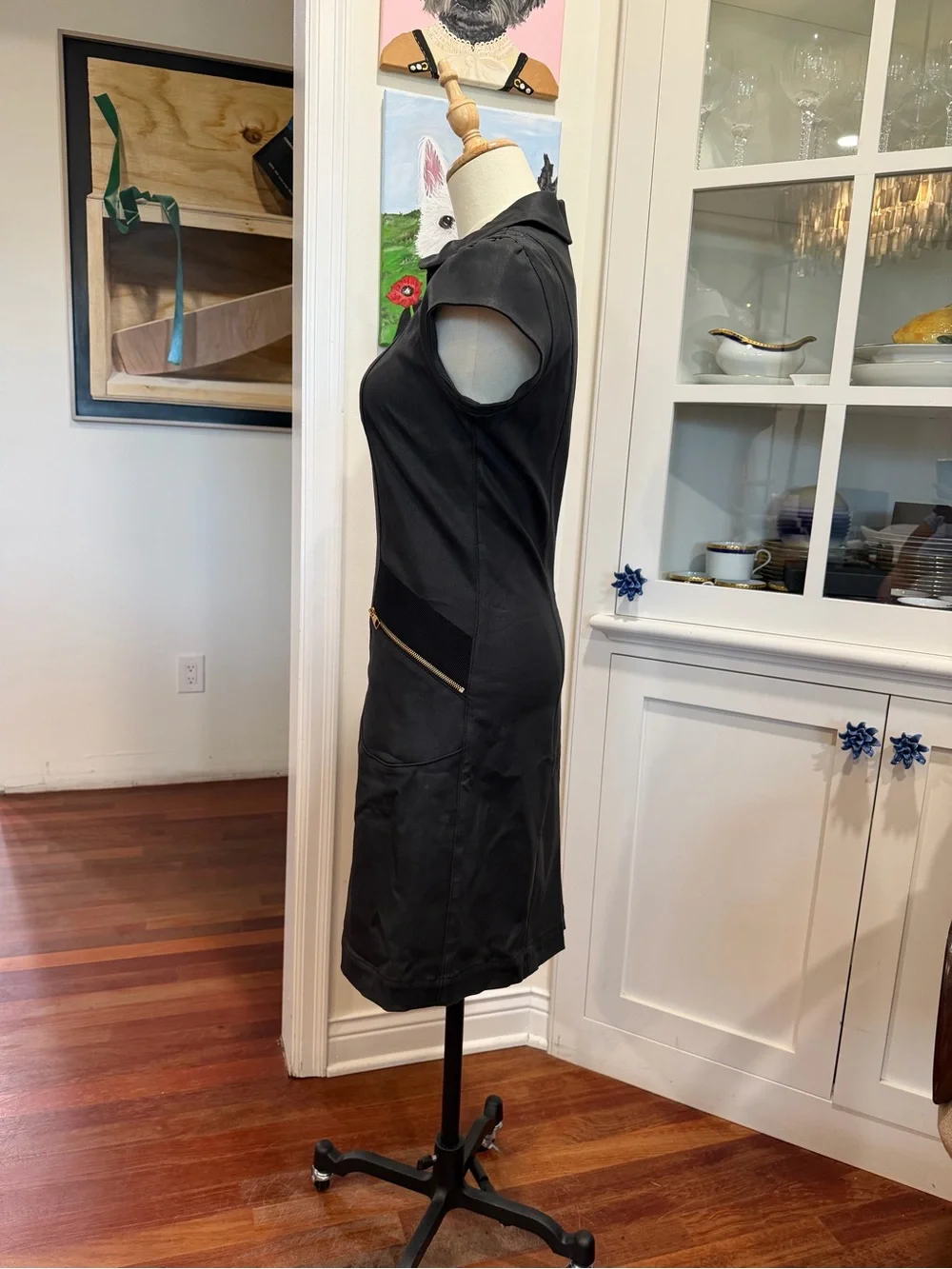 Louis Vuitton Black Short-Sleeve Zip-Front Mini Dress with Gold Accents